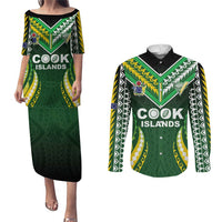 Custom Cook Islands Rugby Couples Matching Puletasi and Long Sleeve Button Shirt Unique Style Green Version - Polynesian Pride