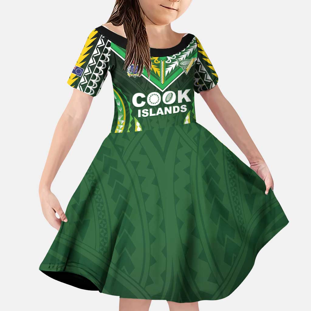 Custom Cook Islands Rugby Family Matching Long Sleeve Bodycon Dress and Hawaiian Shirt Unique Style Green Version LT05 Daughter's Dress Green - Polynesian Pride