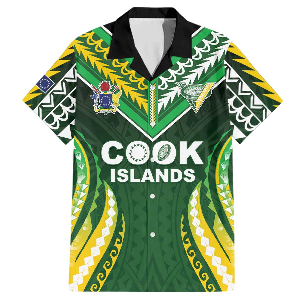 Custom Cook Islands Rugby Family Matching Long Sleeve Bodycon Dress and Hawaiian Shirt Unique Style Green Version LT05 Dad's Shirt - Short Sleeve Green - Polynesian Pride