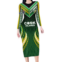 Custom Cook Islands Rugby Family Matching Long Sleeve Bodycon Dress and Hawaiian Shirt Unique Style Green Version LT05 Mom's Dress Green - Polynesian Pride