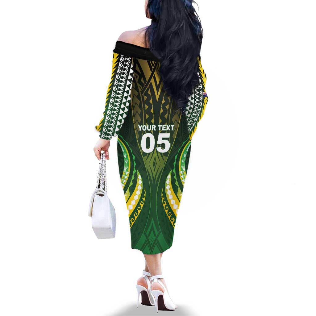 Custom Cook Islands Rugby Family Matching Off The Shoulder Long Sleeve Dress and Hawaiian Shirt Unique Style Green Version LT05 - Polynesian Pride