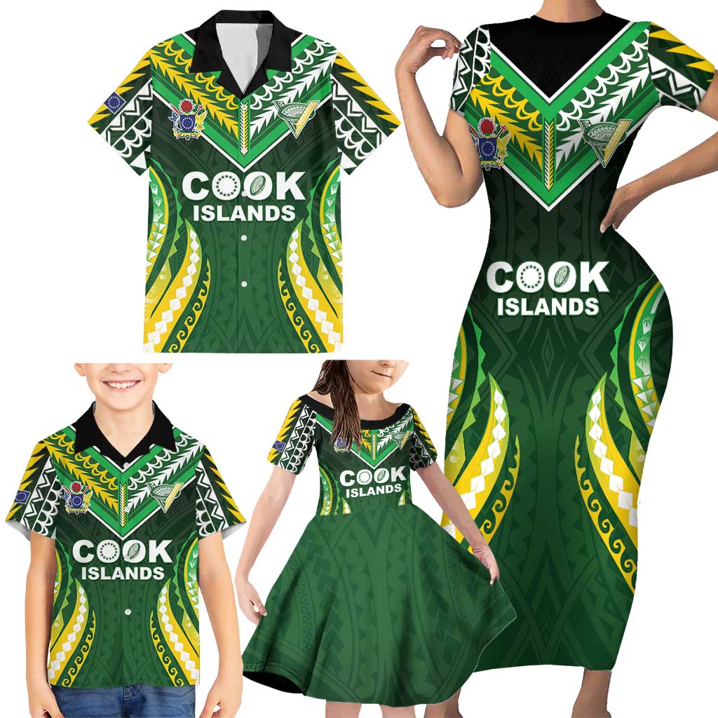 Custom Cook Islands Rugby Family Matching Short Sleeve Bodycon Dress and Hawaiian Shirt Unique Style Green Version - Polynesian Pride