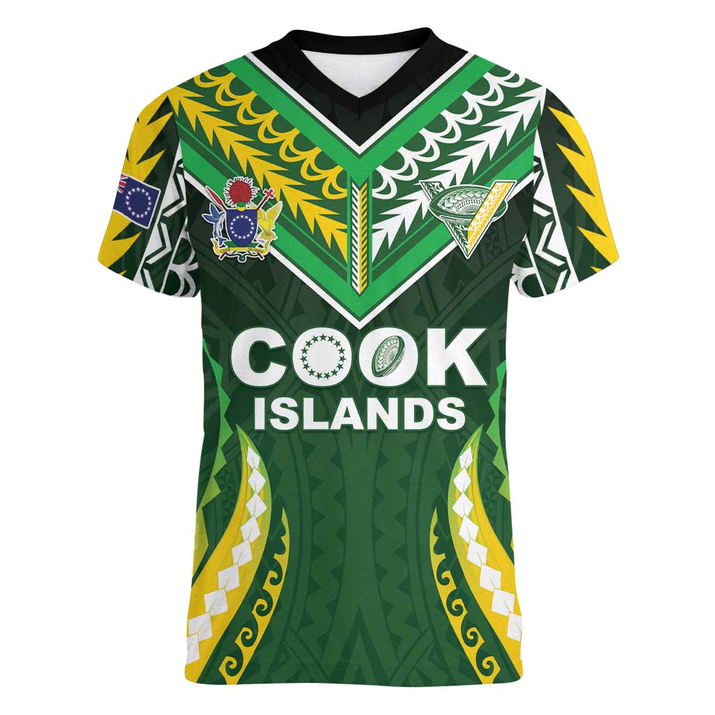 Custom Cook Islands Rugby Women V-Neck T-Shirt Unique Style Green Version - Polynesian Pride