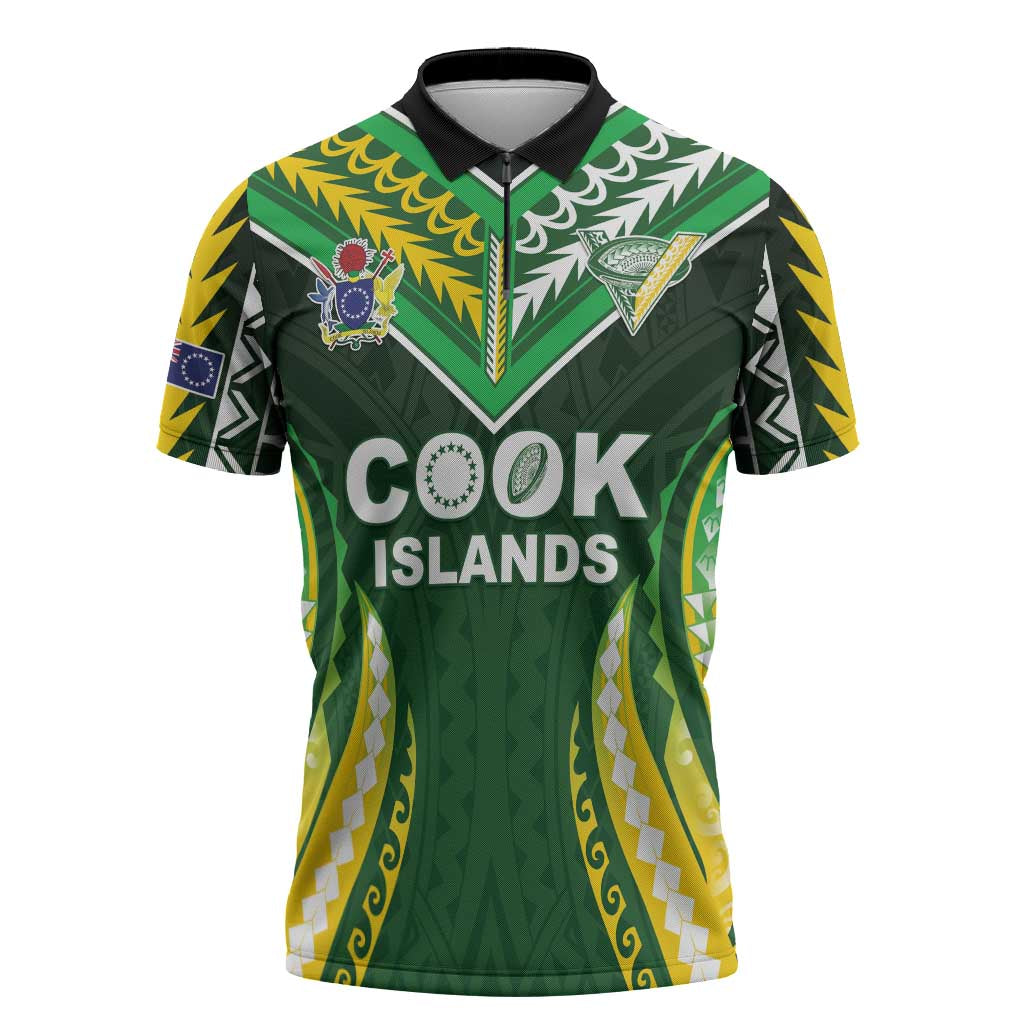 Custom Cook Islands Rugby Zipper Polo Shirt Unique Style Green Version - Polynesian Pride