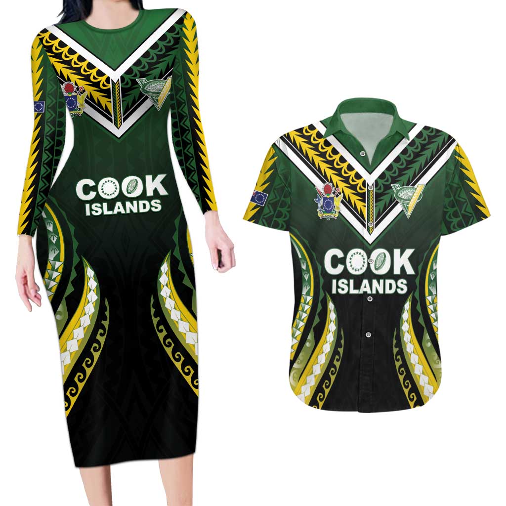 Custom Cook Islands Rugby Couples Matching Long Sleeve Bodycon Dress and Hawaiian Shirt Unique Style Black Version - Polynesian Pride