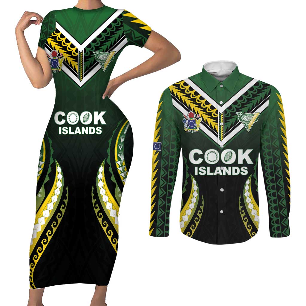 Custom Cook Islands Rugby Couples Matching Short Sleeve Bodycon Dress and Long Sleeve Button Shirt Unique Style Black Version - Polynesian Pride