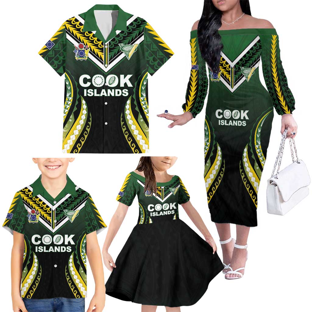 Custom Cook Islands Rugby Family Matching Off The Shoulder Long Sleeve Dress and Hawaiian Shirt Unique Style Black Version LT05 - Polynesian Pride