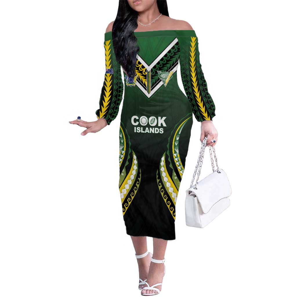Custom Cook Islands Rugby Family Matching Off The Shoulder Long Sleeve Dress and Hawaiian Shirt Unique Style Black Version LT05 Mom's Dress Black - Polynesian Pride
