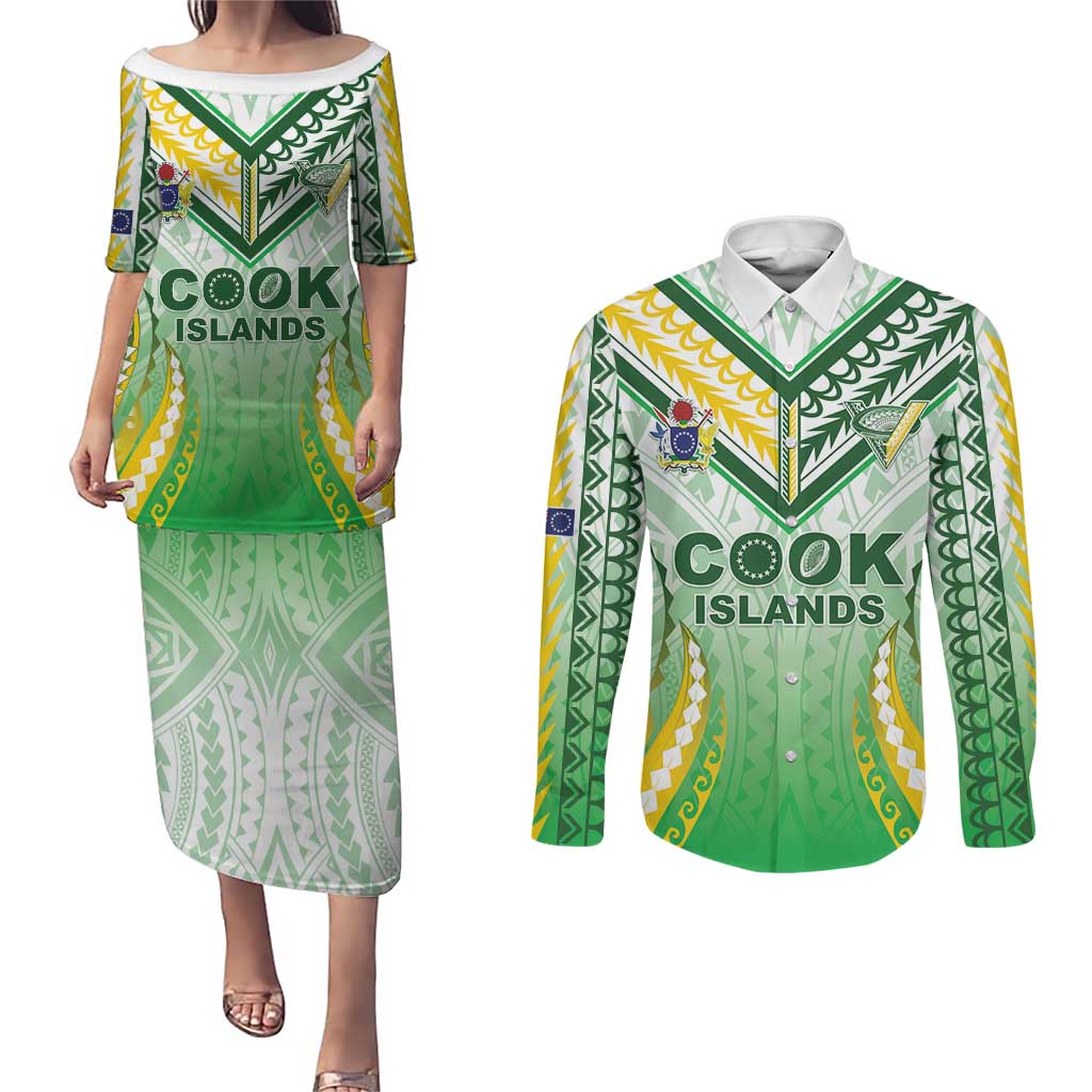 Custom Cook Islands Rugby Couples Matching Puletasi and Long Sleeve Button Shirt Unique Style White Version - Polynesian Pride