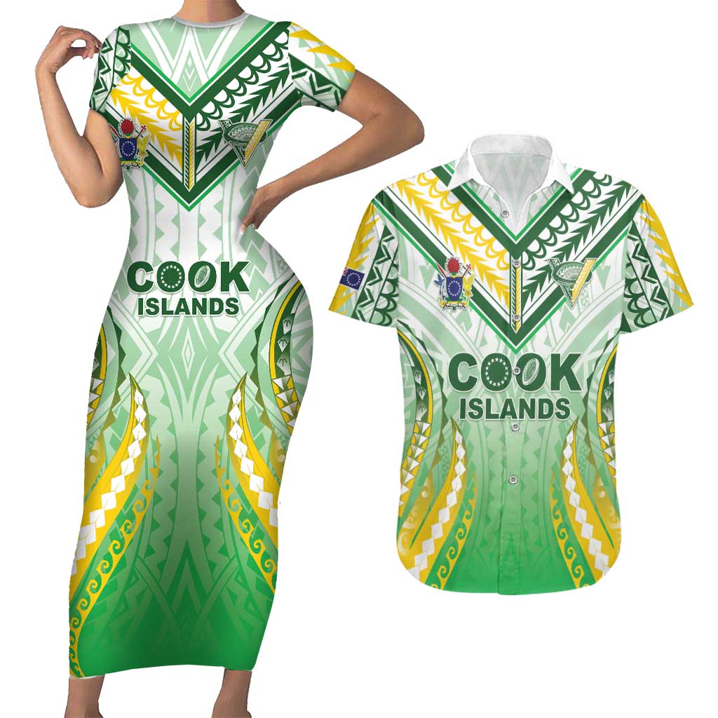Custom Cook Islands Rugby Couples Matching Short Sleeve Bodycon Dress and Hawaiian Shirt Unique Style White Version LT05 White - Polynesian Pride