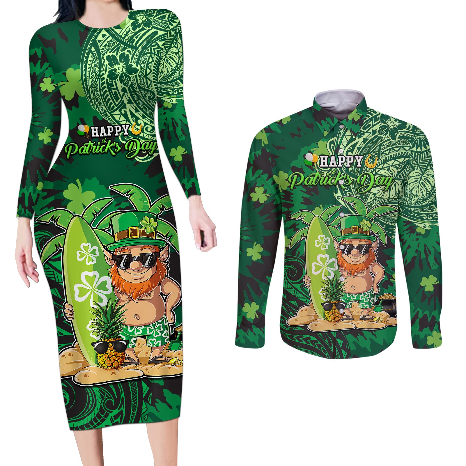Personalised Hawaii St.Patrick Day Couples Matching Long Sleeve Bodycon Dress and Long Sleeve Button Shirt Surfing Leprechaun LT05 Green - Polynesian Pride