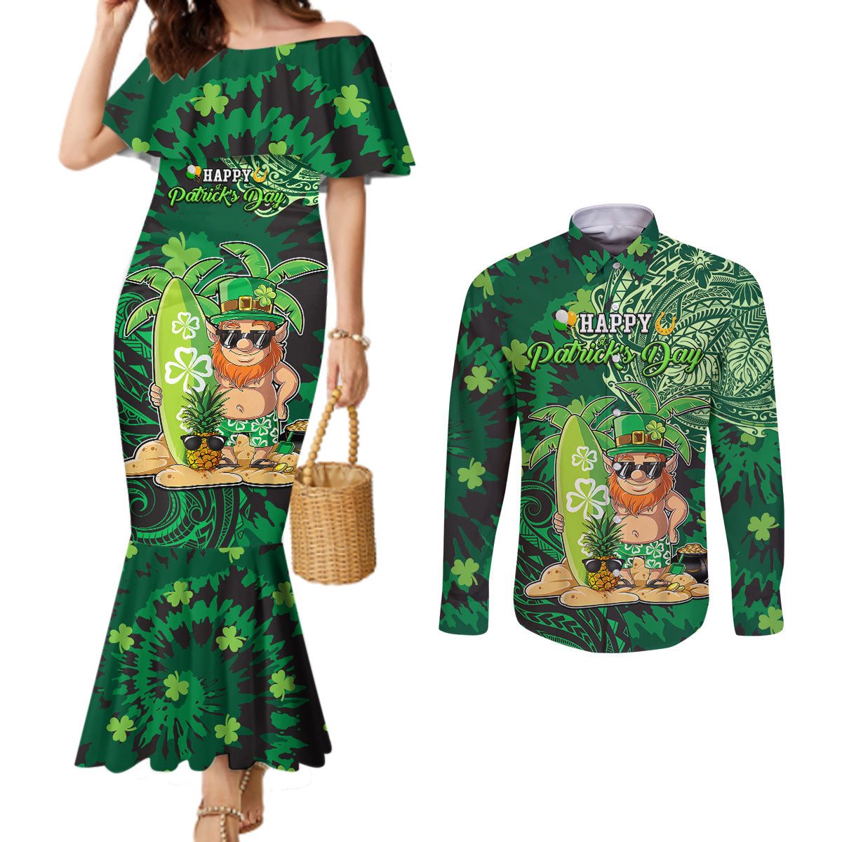 Personalised Hawaii St.Patrick Day Couples Matching Mermaid Dress and Long Sleeve Button Shirt Surfing Leprechaun LT05 Green - Polynesian Pride