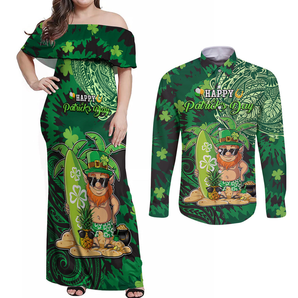 Personalised Hawaii St.Patrick Day Couples Matching Off Shoulder Maxi Dress and Long Sleeve Button Shirt Surfing Leprechaun LT05 Green - Polynesian Pride