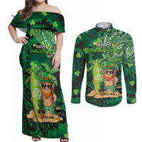 Personalised Hawaii St.Patrick Day Couples Matching Off Shoulder Maxi Dress and Long Sleeve Button Shirt Surfing Leprechaun LT05 Green - Polynesian Pride