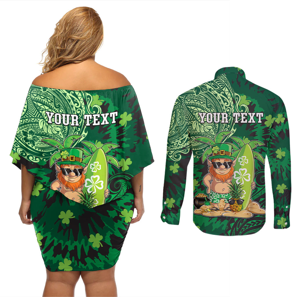 Personalised Hawaii St.Patrick Day Couples Matching Off Shoulder Short Dress and Long Sleeve Button Shirt Surfing Leprechaun LT05 - Polynesian Pride