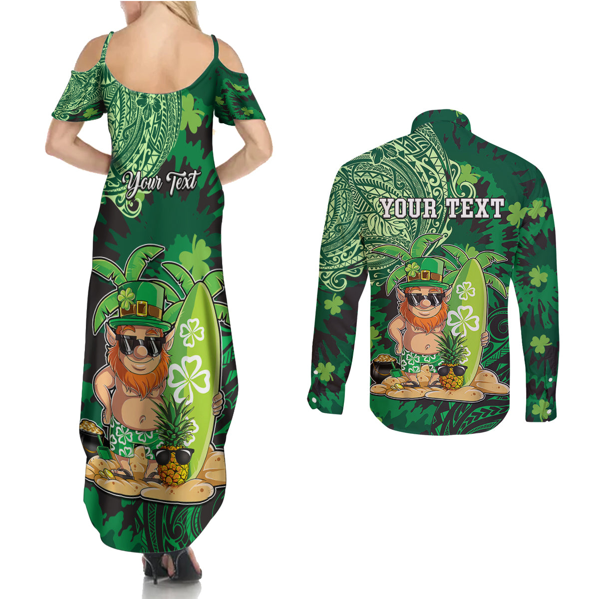 Personalised Hawaii St.Patrick Day Couples Matching Summer Maxi Dress and Long Sleeve Button Shirt Surfing Leprechaun LT05 - Polynesian Pride