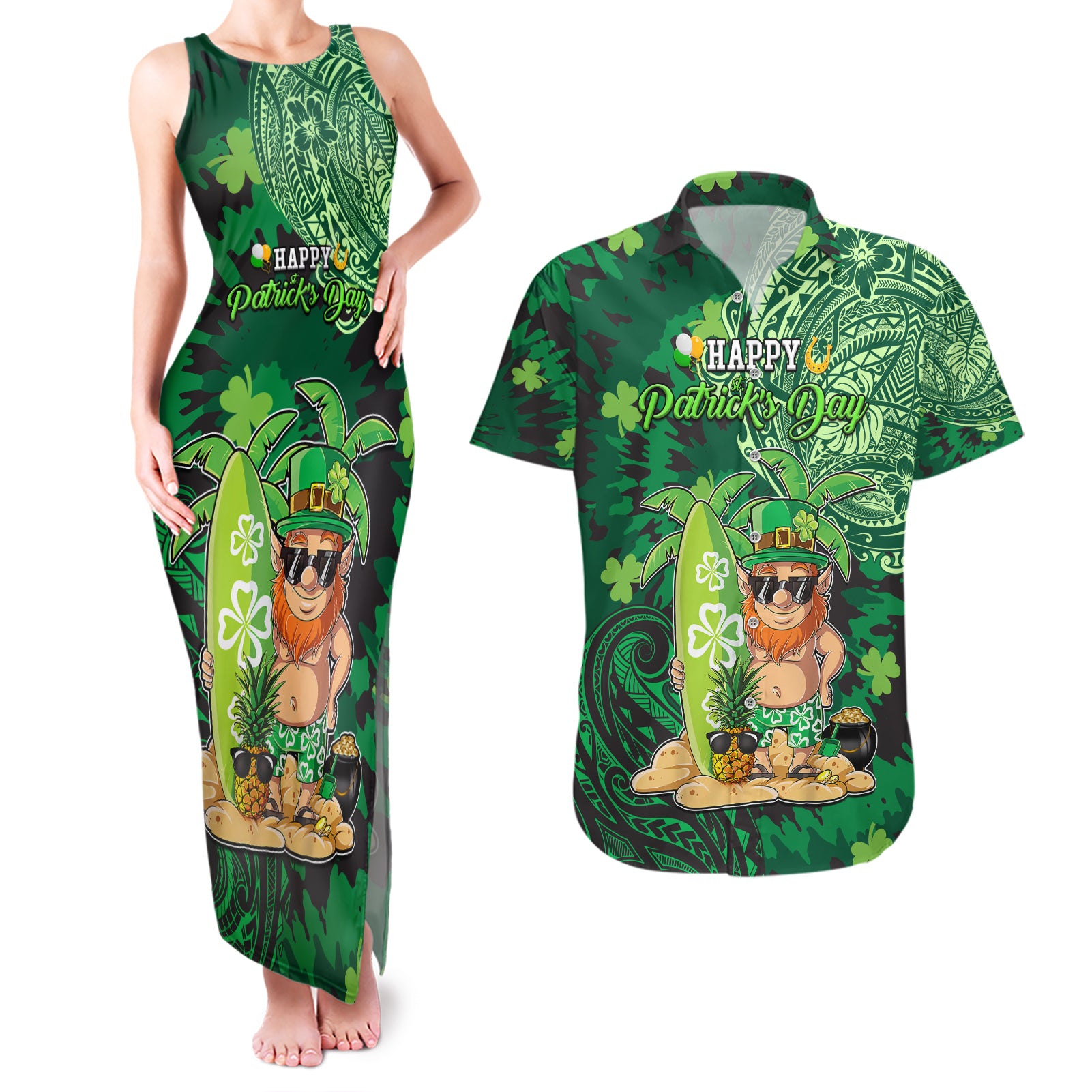Personalised Hawaii St.Patrick Day Couples Matching Tank Maxi Dress and Hawaiian Shirt Surfing Leprechaun LT05 Green - Polynesian Pride