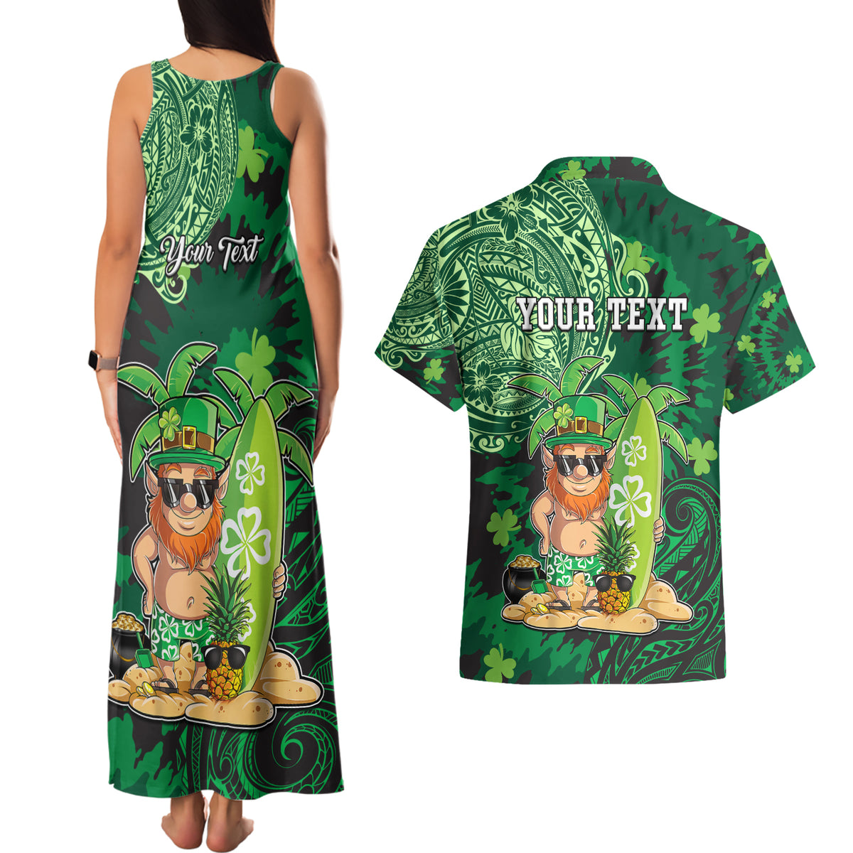 Personalised Hawaii St.Patrick Day Couples Matching Tank Maxi Dress and Hawaiian Shirt Surfing Leprechaun LT05 - Polynesian Pride