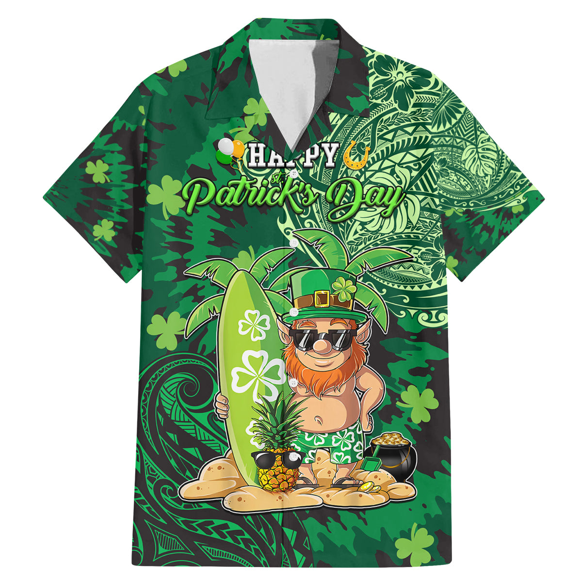 Personalised Hawaii St.Patrick Day Family Matching Mermaid Dress and Hawaiian Shirt Surfing Leprechaun LT05 Dad's Shirt - Short Sleeve Green - Polynesian Pride