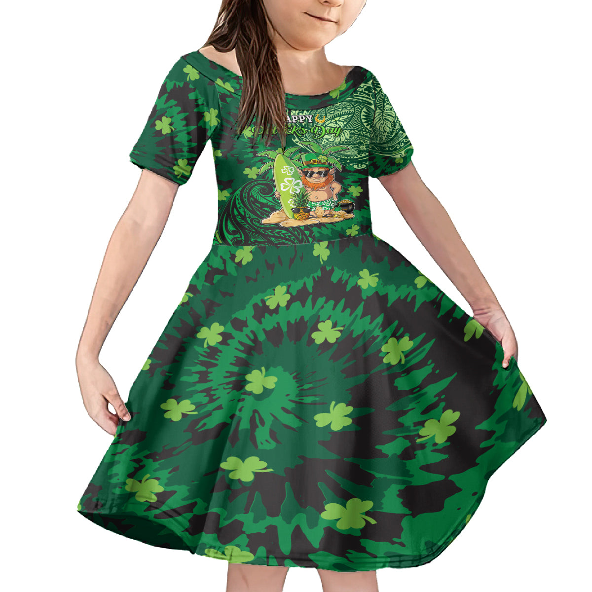 Personalised Hawaii St.Patrick Day Family Matching Off Shoulder Short Dress and Hawaiian Shirt Surfing Leprechaun LT05 Daughter's Dress Green - Polynesian Pride