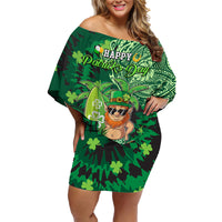 Personalised Hawaii St.Patrick Day Family Matching Off Shoulder Short Dress and Hawaiian Shirt Surfing Leprechaun LT05 Mom's Dress Green - Polynesian Pride