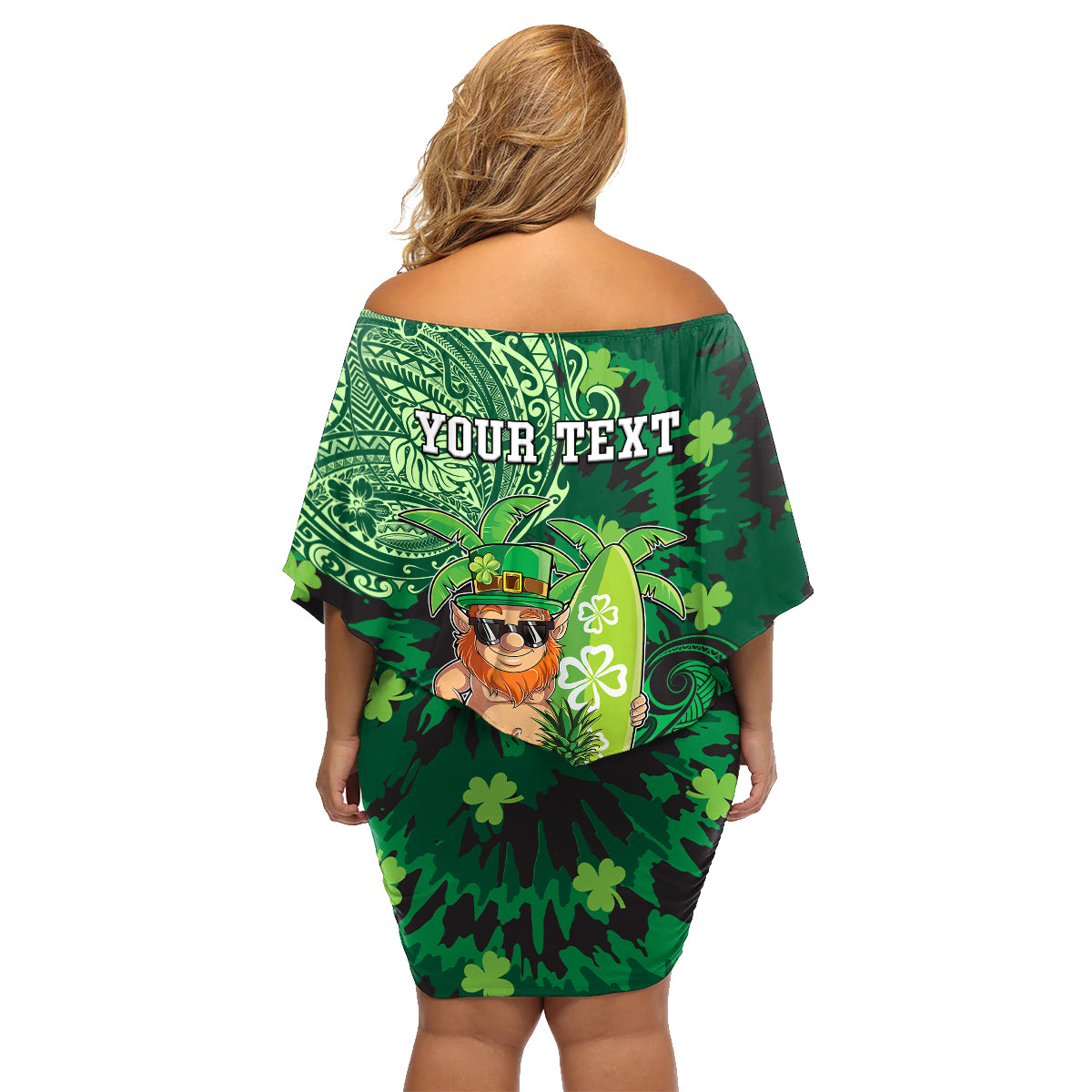 Personalised Hawaii St.Patrick Day Family Matching Off Shoulder Short Dress and Hawaiian Shirt Surfing Leprechaun LT05 - Polynesian Pride