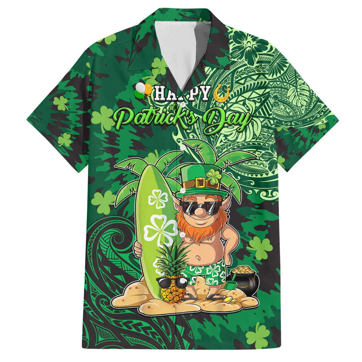 Personalised Hawaii St.Patrick Day Family Matching Short Sleeve Bodycon Dress and Hawaiian Shirt Surfing Leprechaun LT05 Dad's Shirt - Short Sleeve Green - Polynesian Pride
