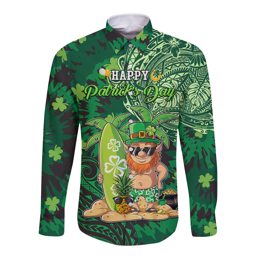 Personalised Hawaii St.Patrick Day Long Sleeve Button Shirt Surfing Leprechaun LT05 Unisex Green - Polynesian Pride