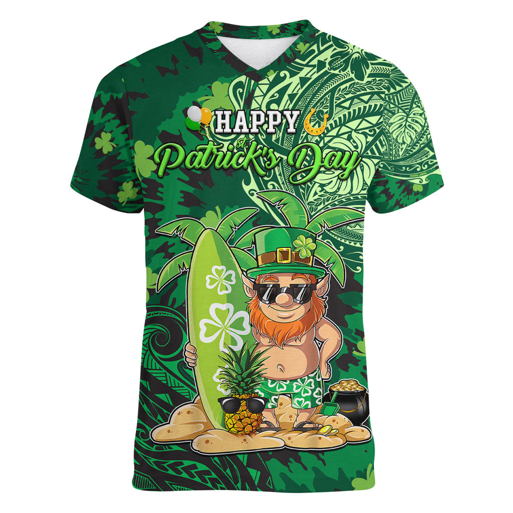 Personalised Hawaii St.Patrick Day Women V Neck T Shirt Surfing Leprechaun LT05 Female Green - Polynesian Pride