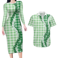 Green Hawaii Palaka Couples Matching Long Sleeve Bodycon Dress and Hawaiian Shirt Hawaiian Honohono Lei LT05 Green - Polynesian Pride