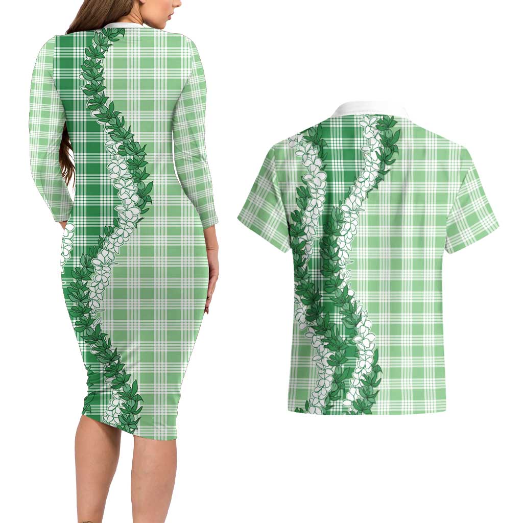 Green Hawaii Palaka Couples Matching Long Sleeve Bodycon Dress and Hawaiian Shirt Hawaiian Honohono Lei LT05 - Polynesian Pride