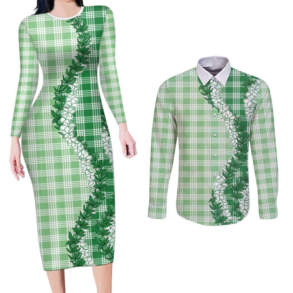 Green Hawaii Palaka Couples Matching Long Sleeve Bodycon Dress and Long Sleeve Button Shirt Hawaiian Honohono Lei LT05 Green - Polynesian Pride