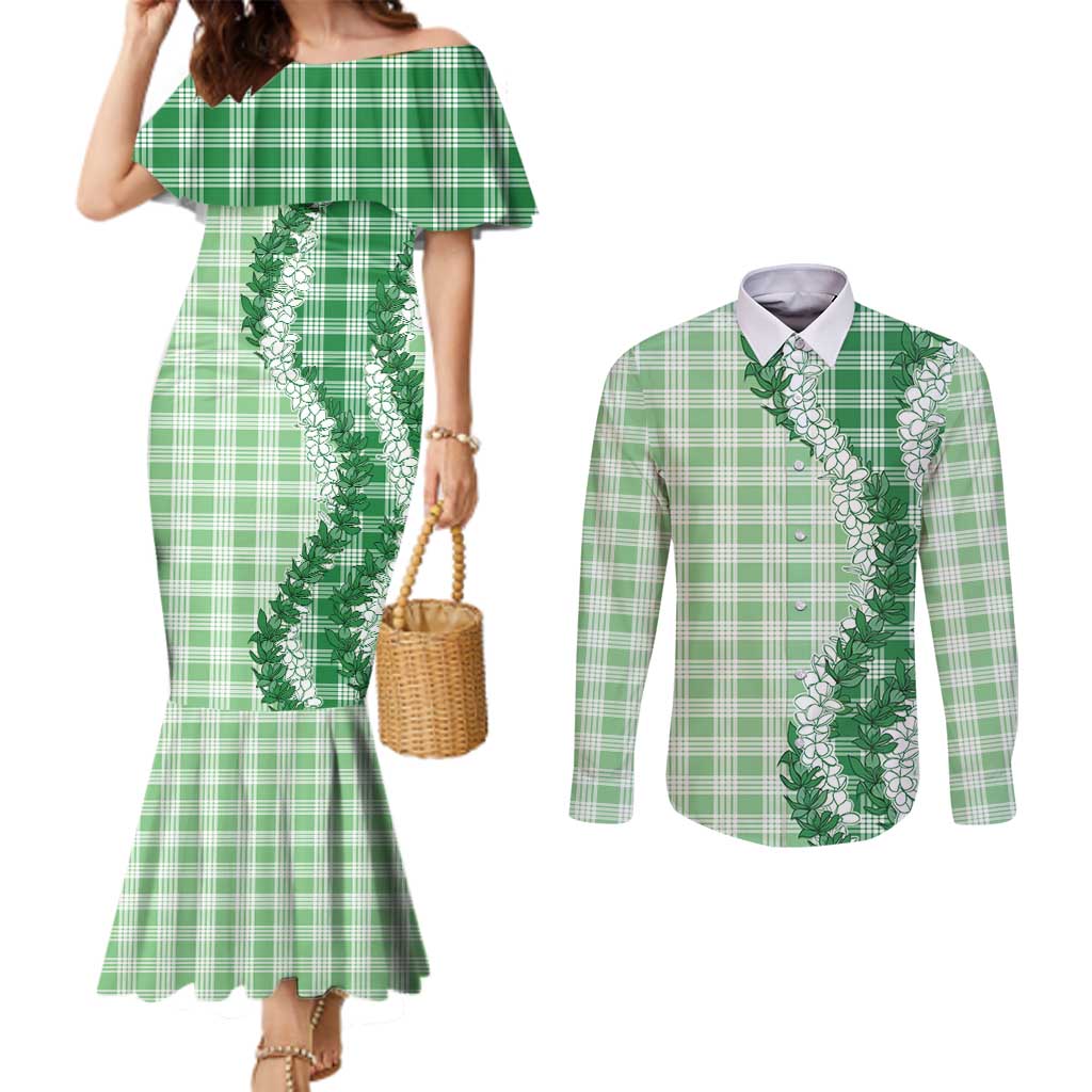 Green Hawaii Palaka Couples Matching Mermaid Dress and Long Sleeve Button Shirt Hawaiian Honohono Lei LT05 Green - Polynesian Pride