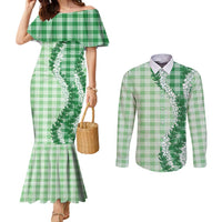 Green Hawaii Palaka Couples Matching Mermaid Dress and Long Sleeve Button Shirt Hawaiian Honohono Lei LT05 Green - Polynesian Pride