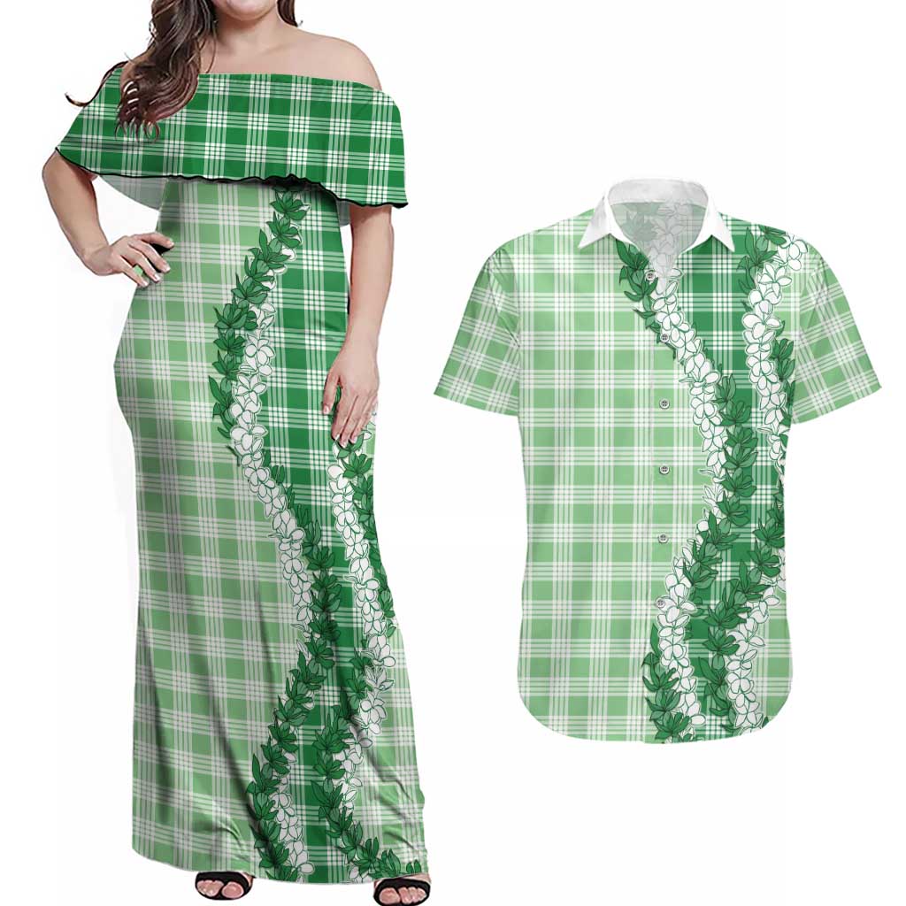 Green Hawaii Palaka Couples Matching Off Shoulder Maxi Dress and Hawaiian Shirt Hawaiian Honohono Lei LT05 Green - Polynesian Pride