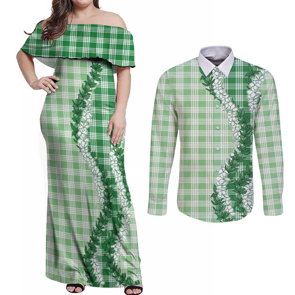 Green Hawaii Palaka Couples Matching Off Shoulder Maxi Dress and Long Sleeve Button Shirt Hawaiian Honohono Lei