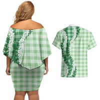 Green Hawaii Palaka Couples Matching Off Shoulder Short Dress and Hawaiian Shirt Hawaiian Honohono Lei LT05 - Polynesian Pride
