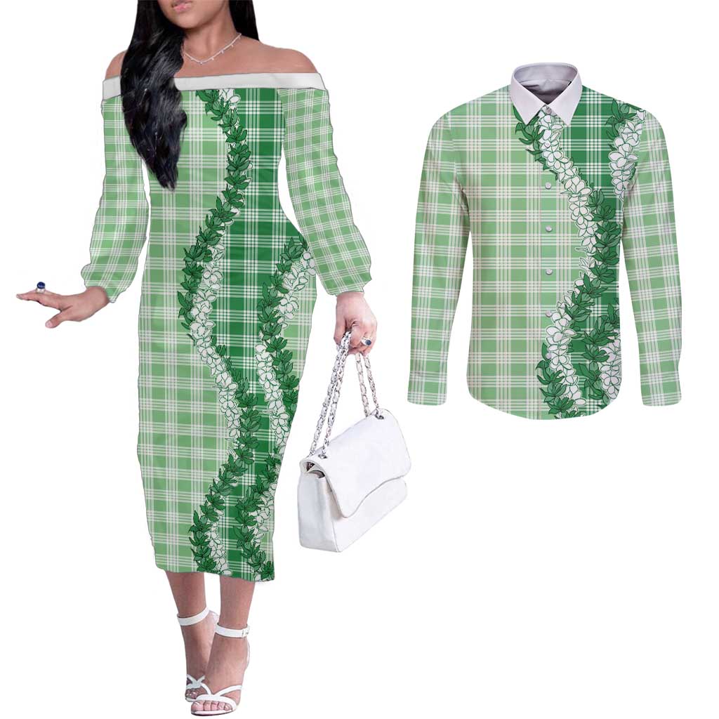 Green Hawaii Palaka Couples Matching Off The Shoulder Long Sleeve Dress and Long Sleeve Button Shirt Hawaiian Honohono Lei LT05 Green - Polynesian Pride