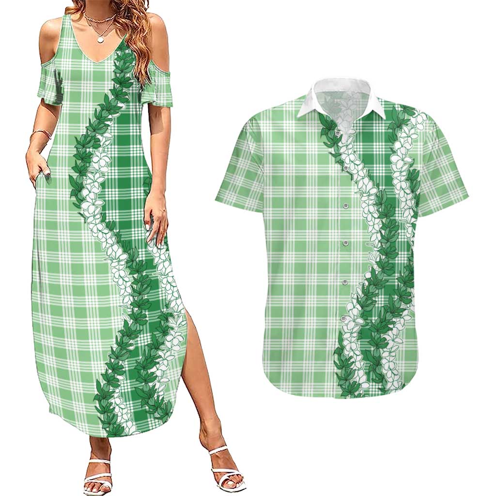 Green Hawaii Palaka Couples Matching Summer Maxi Dress and Hawaiian Shirt Hawaiian Honohono Lei LT05 Green - Polynesian Pride