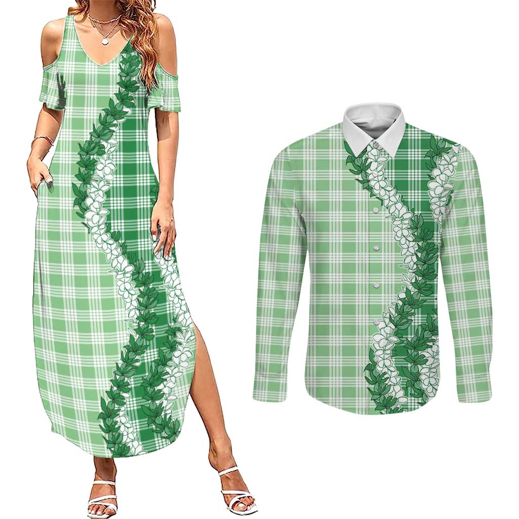 Green Hawaii Palaka Couples Matching Summer Maxi Dress and Long Sleeve Button Shirt Hawaiian Honohono Lei