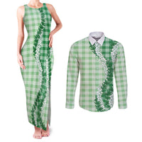 Green Hawaii Palaka Couples Matching Tank Maxi Dress and Long Sleeve Button Shirt Hawaiian Honohono Lei LT05 Green - Polynesian Pride