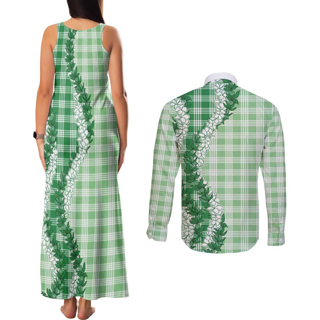 Green Hawaii Palaka Couples Matching Tank Maxi Dress and Long Sleeve Button Shirt Hawaiian Honohono Lei LT05 - Polynesian Pride