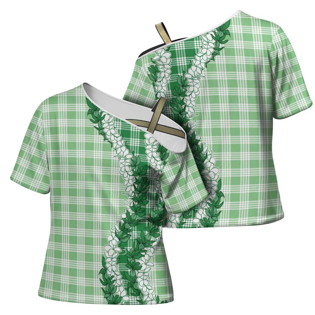 Green Hawaii Palaka Cross Shoulder Shirt Hawaiian Honohono Lei