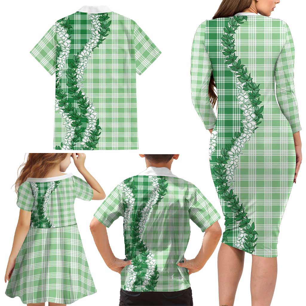 Green Hawaii Palaka Family Matching Long Sleeve Bodycon Dress and Hawaiian Shirt Hawaiian Honohono Lei LT05 - Polynesian Pride