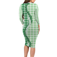 Green Hawaii Palaka Family Matching Long Sleeve Bodycon Dress and Hawaiian Shirt Hawaiian Honohono Lei LT05 - Polynesian Pride