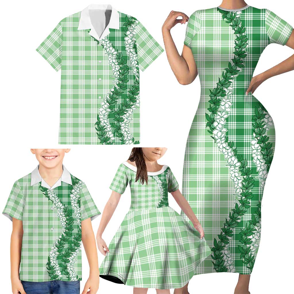 Green Hawaii Palaka Family Matching Short Sleeve Bodycon Dress and Hawaiian Shirt Hawaiian Honohono Lei LT05 - Polynesian Pride