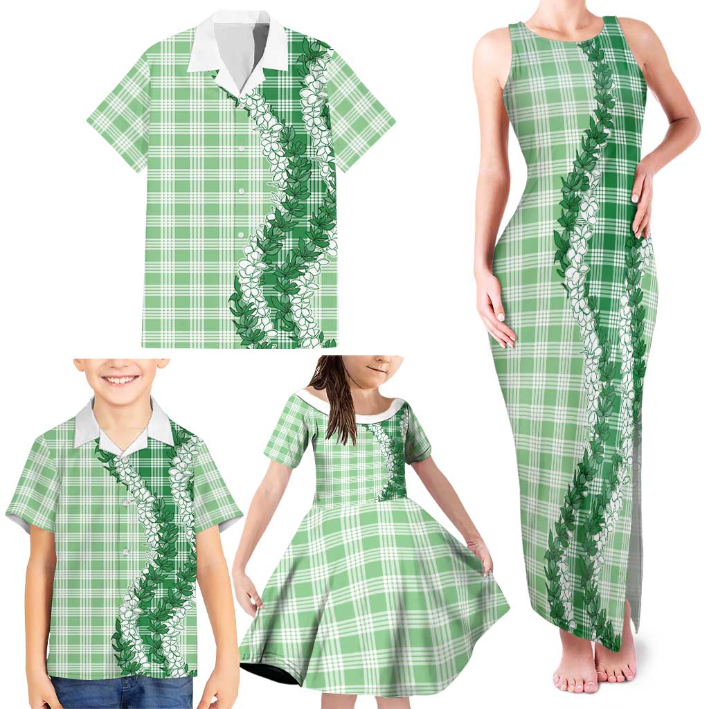 Green Hawaii Palaka Family Matching Tank Maxi Dress and Hawaiian Shirt Hawaiian Honohono Lei