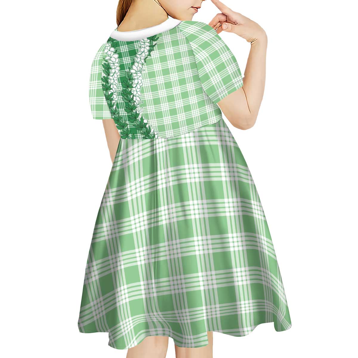 Green Hawaii Palaka Kid Short Sleeve Dress Hawaiian Honohono Lei