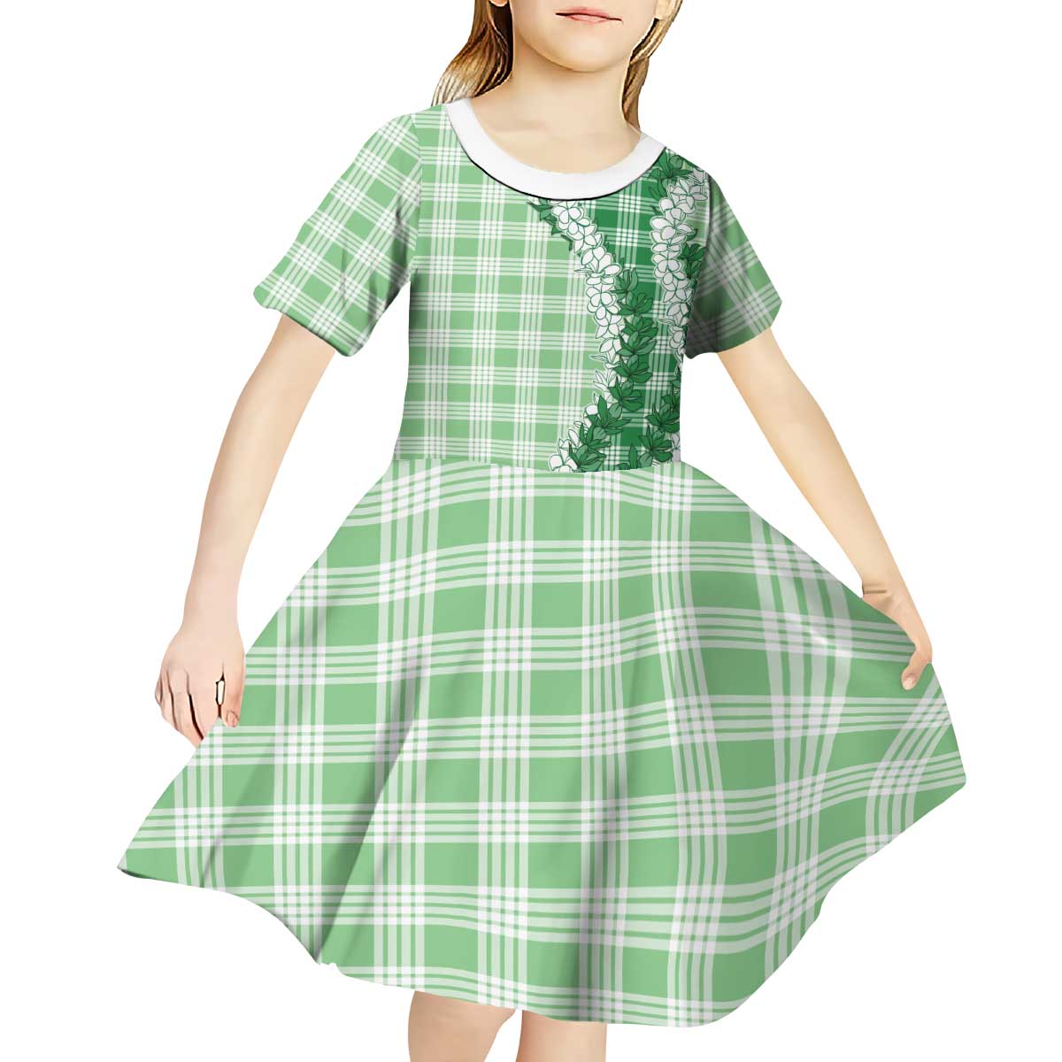 Green Hawaii Palaka Kid Short Sleeve Dress Hawaiian Honohono Lei