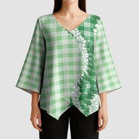 Green Hawaii Palaka Kimono Sleeve Blouse Hawaiian Honohono Lei